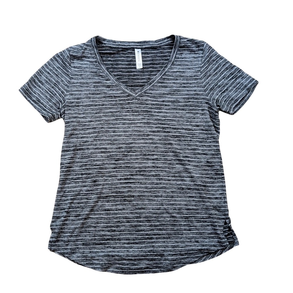 Athleta Breezy V-Neck Tee Gray Space Dye Striped Short Sleeve Top S 657751-00